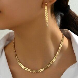 18K Gold Filled Chevron Necklace & Earrings Set (17.7" / 2.1")